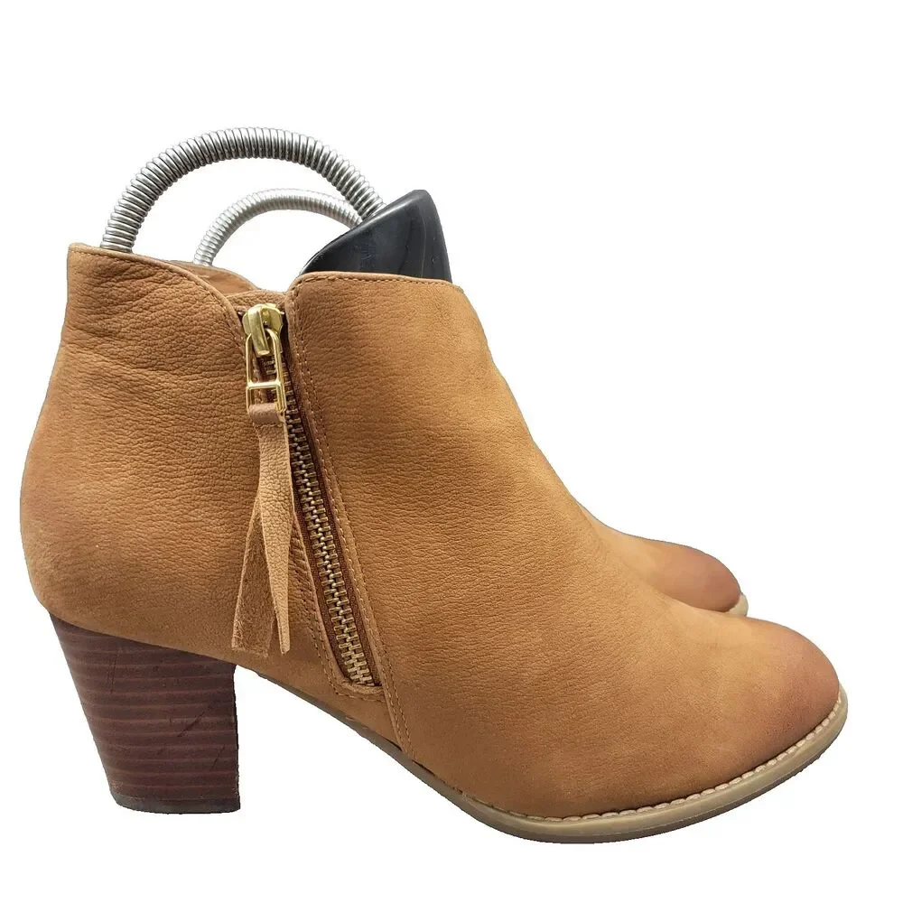 Vionic Womens Sz 9 Sterling Leather Suede Ankle Boot Camel Side Zip 2.5' Heel